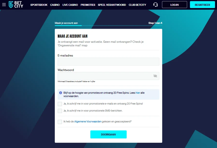 Registratieformulier bij BetCity NL