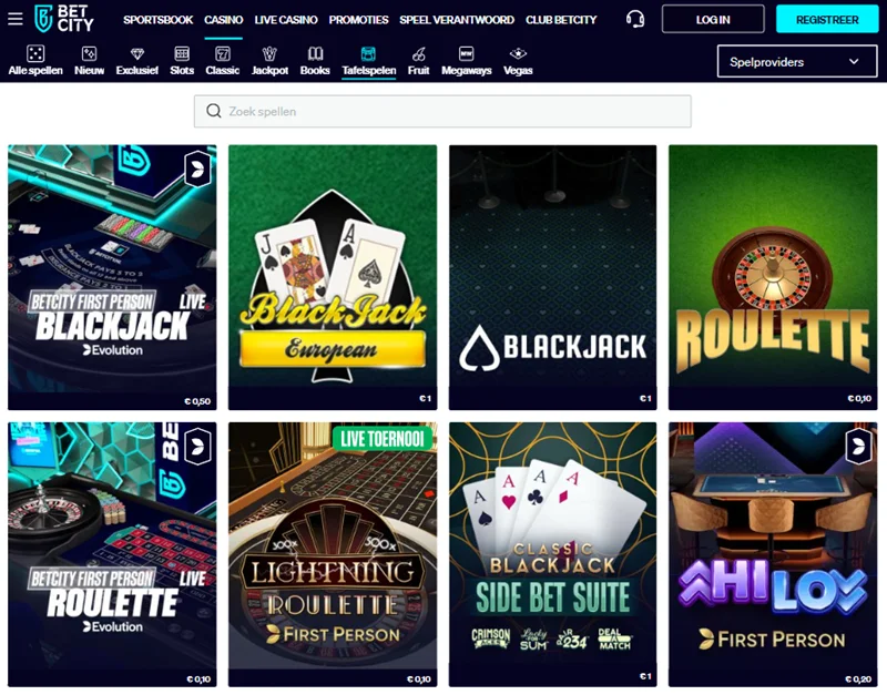 Selectie van tafelspellen bij BetCity casino online
